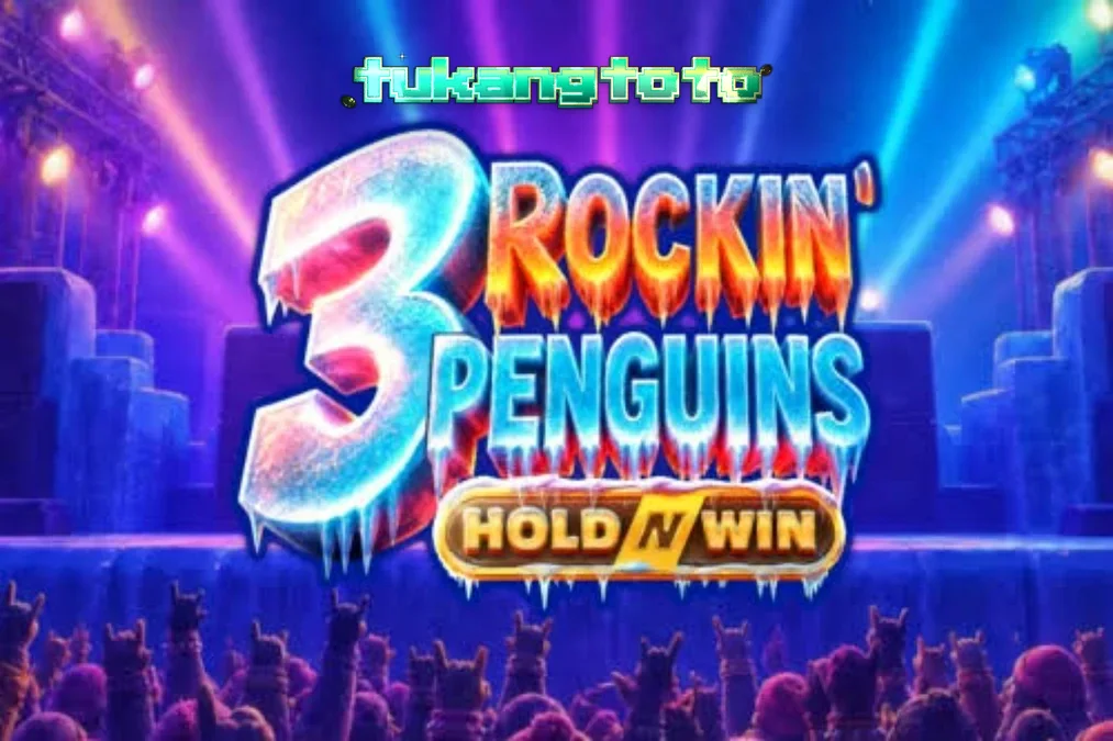 Tiga karakter penguin punk rock di atas panggung slot 3 Rockin’ Penguins